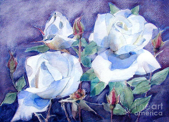 White Roses with Red Buds on blue field by Greta Corens White Roses with Red Buds on blue field by Greta Corens