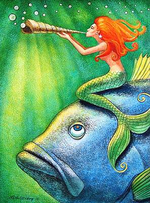 Wall Art - Painting - Toot Your Own Seashell Mermaid by Sue Halstenberg