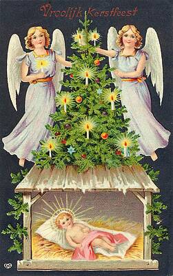 Wall Art - Drawing - Two Angels Light The Candles by Mary Evans Picture Library
