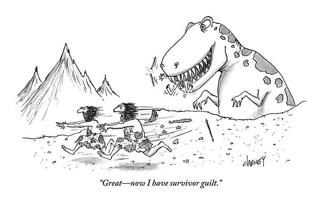 Wall Art - Drawing - Two Cavemen Are Seen Talking As They Run Away by Tom Cheney