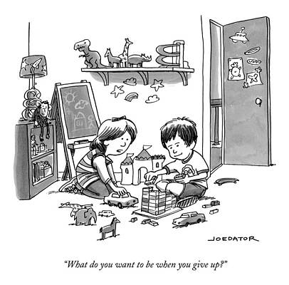 Wall Art - Drawing - Two Children Converse While Playing With Blocks by Joe Dator