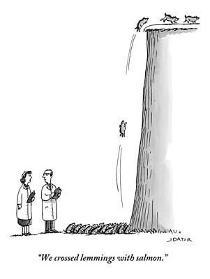 Wall Art - Drawing - Two Scientists Stand At The Bottom Of A Cliff by Joe Dator