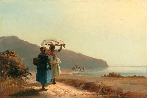 Two Women Chatting By The Sea. St Thomas Print by Camille Pissarro