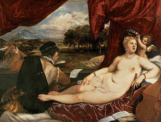 Wall Art - Painting - Venus And Cupid With A Lute Player by Titian