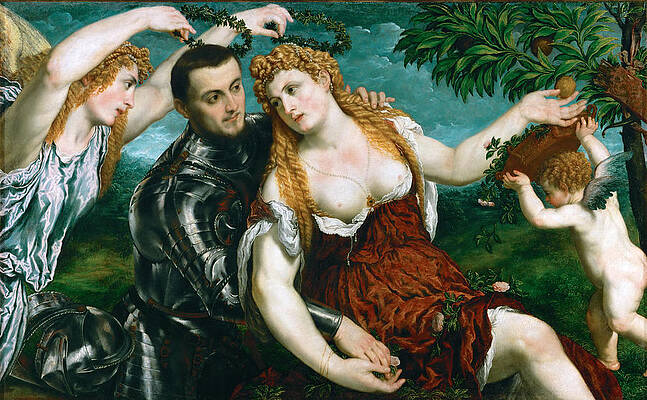 Venus Mars And Cupid Crowned By Victory Print by Paris Bordone