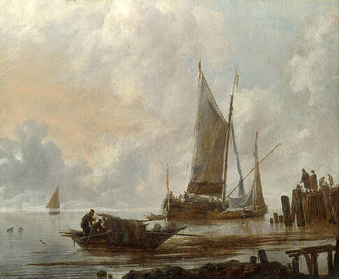 Vessels Moored off a Jetty Print by Jan van de Cappelle