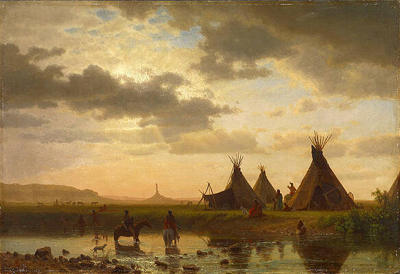 View of Chimney Rock Ohalila .Sioux Village in the foreground Print by Albert Bierstadt
