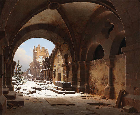 Featured Art - View of the church ruin in winter by Carl Hasenpflug