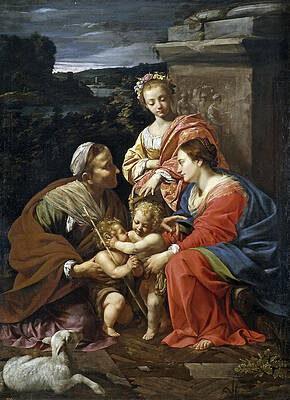 Virgin and Child with Saint Elizabeth the infant Saint John and Saint Catherine Print by Simon Vouet