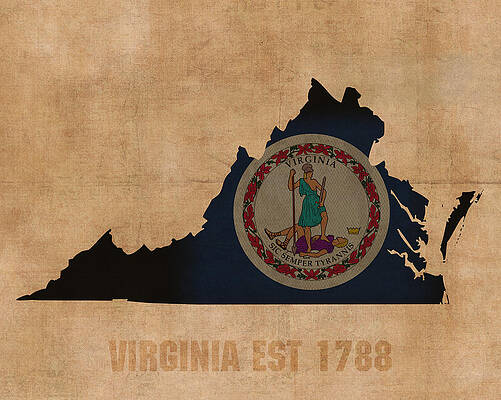Wall Art - Mixed Media - Virginia State Flag Map Outline With Founding Date On Worn Parchment Background by Design Turnpike
