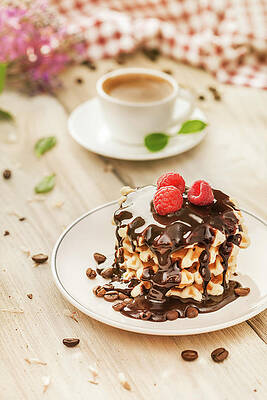 Wall Art - Photograph - Waffles With Raspberry, Chocolate Sauce by Da-kuk
