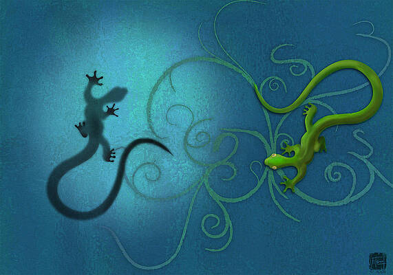 water colour print of twin geckos and swirls Duality by Sassan Filsoof water colour print of twin geckos and swirls Duality by Sassan Filsoof