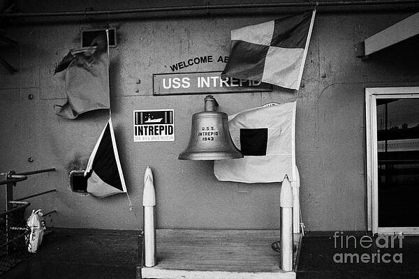 Wall Art - Photograph - Welcome aboard sign flags and USS Intrepid bell at the Intrepid Sea Air Space Museum by Joe Fox