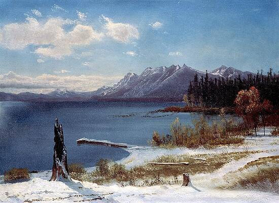 Wintertime Lake Tahoe in winter the Sierra Nevada California Print by Albert Bierstadt
