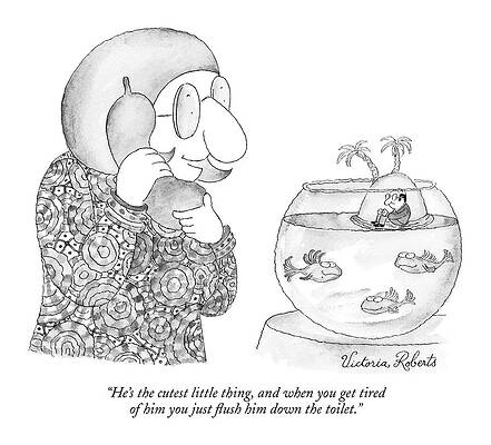 Wall Art - Drawing - Woman On The Phone Looking At Her Fish Bowl That by Victoria Roberts