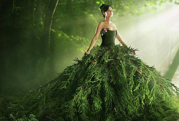Woman Wearing A Large Green Gown In The Print by Paper Boat Creative