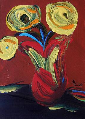 Wall Art - Painting - Yellow Flowers in Artisan Vase by Mary Carol Williams