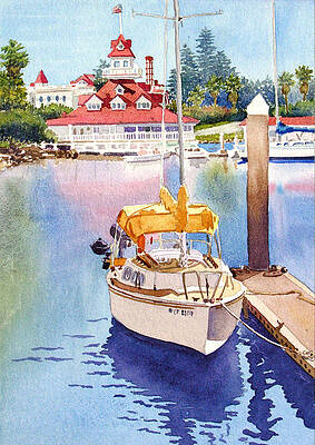 Wall Art - Painting - Yellow Sailboat and Coronado Boathouse by Mary Helmreich