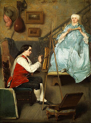 Young painter portraiting a young woman in a blue silk dress Print by Eugene Fichel