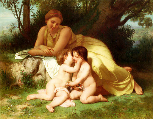 Young Woman Contemplating Two Embracing Children Print by William-Adolphe Bouguereau
