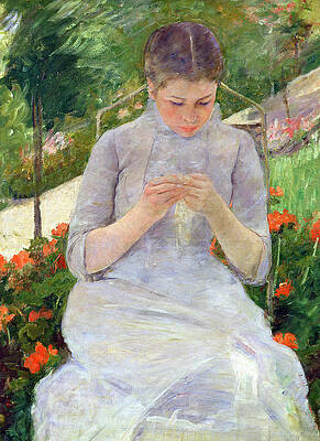 Wall Art - Painting - Young Woman Sewing in the garden by Mary Stevenson Cassatt