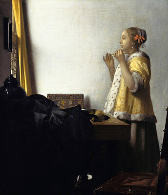 Young Woman with a Pearl Necklace Print by Johannes Vermeer