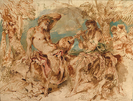 Youth Playing a Pipe for a Satyr Print by Giovanni Benedetto Castiglione