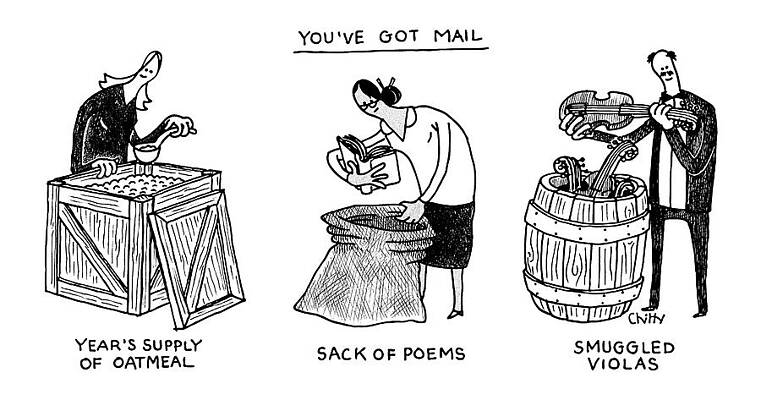 Wall Art - Drawing - You've Got Mail -- A Triptych Of Strange Packages by Tom Chitty