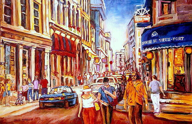 Wall Art - Painting -  Old Montreal Paintings Restaurant Du Vieux Port Rue St. Paul Montreal Street Scene  by Carole Spandau