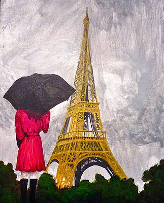 Wall Art - Drawing - Girl viewing Eiffel Tower in the Rain by Erika Butterfly