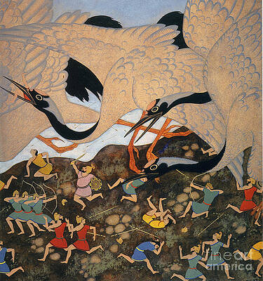 Wall Art - Painting - They were constantly at war with the Cranes by Edmund Dulac - GRANGER Historical Picture Archive