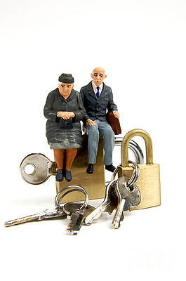 Miniature figurines couple watching elderly man by Bernard Jaubert