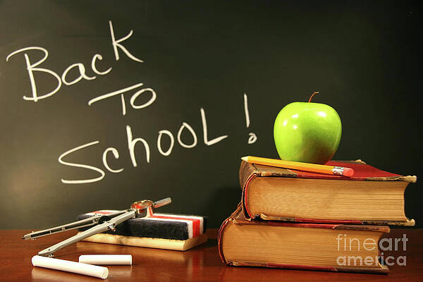 Wall Art - Photograph - School books with apple on desk by Sandra Cunningham