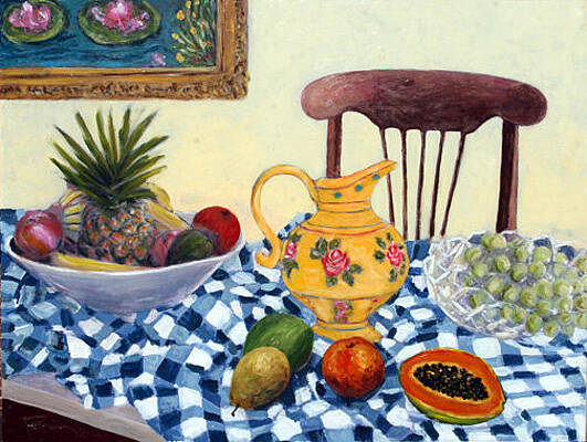 Still Life with Checkered Tablecloth by Banning Lary Still Life with Checkered Tablecloth by Banning Lary