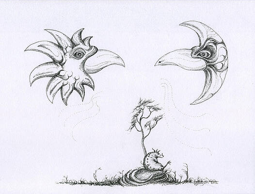 Wall Art - Drawing - Sun Bird Moon Bird and a Seated Whargle by Mark Johnson
