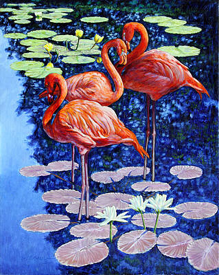 Wall Art - Painting - Three Flamingos in Lily Pond by John Lautermilch