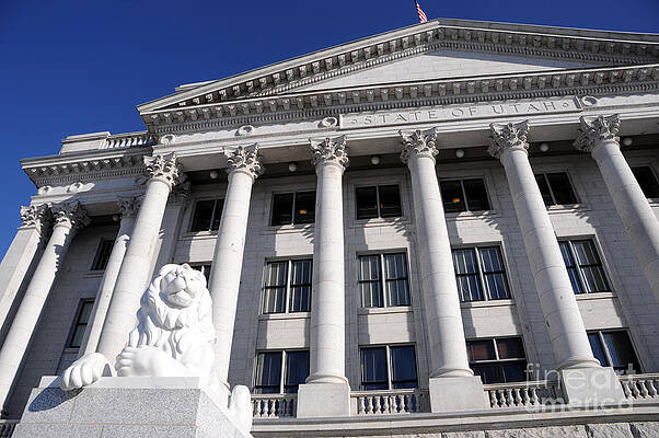 Wall Art - Photograph - Utah State Capitol Building with Lion Statue by Gary Whitton