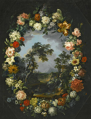 A Floral Garland surrounding a River Landscape Print by Vincenzo Martinelli