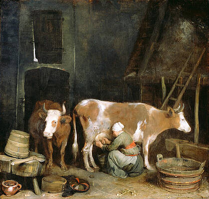 A Maid Milking a Cow in a Barn Print by Gerard ter Borch