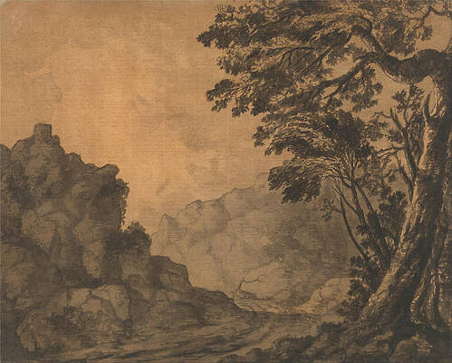 A Road in a Mountain Landscape with Trees to the Right Print by Alexander Cozens