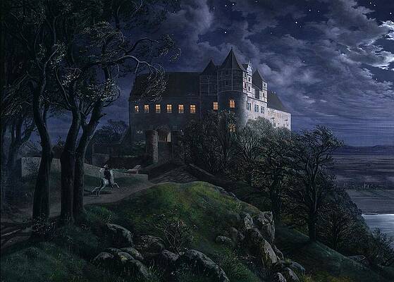 Burg Scharfenberg At Night Print by Ernst Ferdinand Oehme