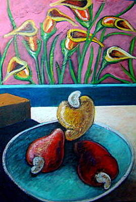 Cashew Fruit With Callas Lillies Painting By Yasemin Raymondo