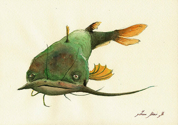 Wall Art - Painting - Channel Catfish fish animal watercolor painting by Juan  Bosco