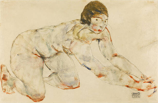 Crouching Female Nude Print by Egon Schiele