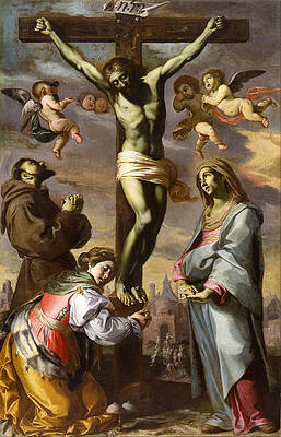 Crucifix with the Virgin and Saints Francis and Agatha Print by Bernardino Mei