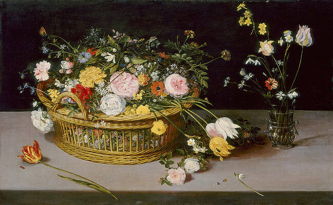 Flowers in a Basket and a Vase Print by Jan Brueghel the Elder