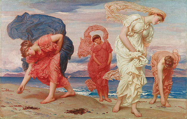 Greek Girls picking up Pebbles by the Sea Print by Frederic Leighton