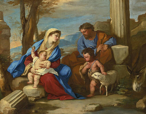 Holy Family with the young Saint John the Baptist Print by Luca Giordano