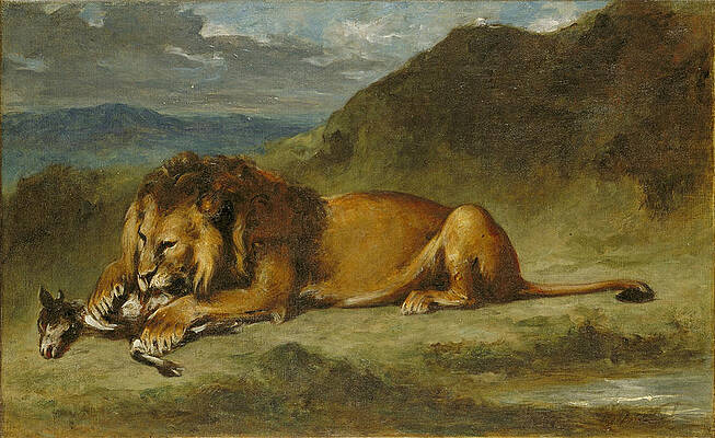 Lion Devouring a Goat Print by Eugene Delacroix