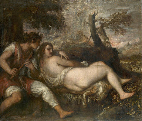 Nymph and Shepherd Print by Titian